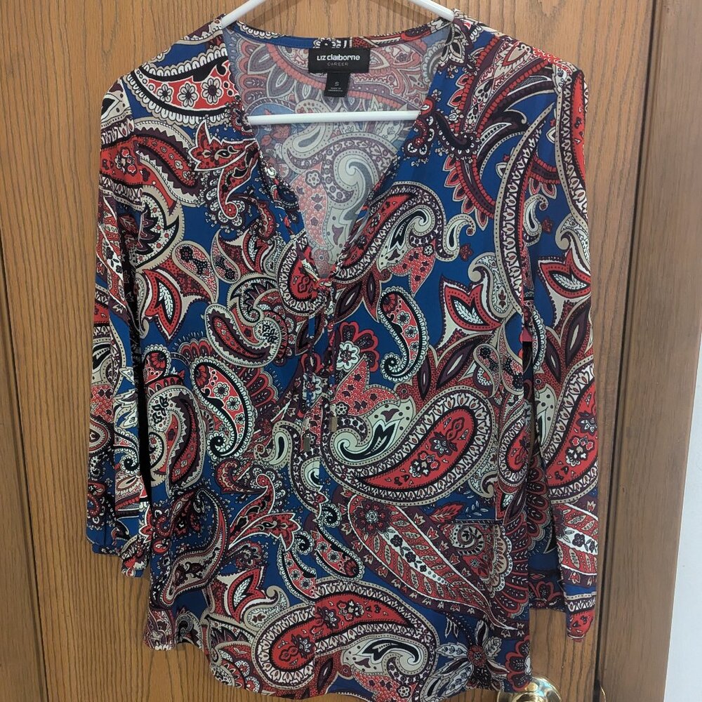 Liz Claiborne‎ Tie Front Paisley Red, White, Blue Blouse-Small